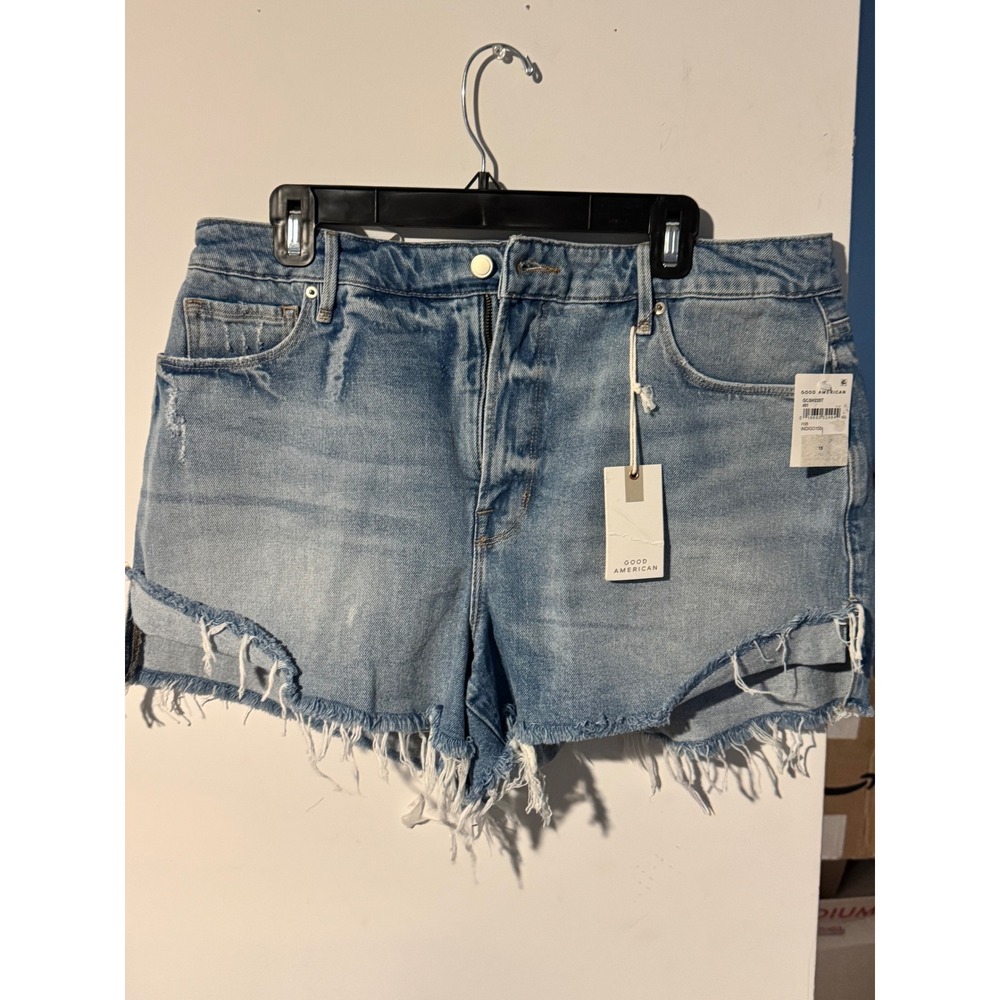 Good American Good Curve Shorts Indigo105 High Rise Distressed Denim Size 15 NEW